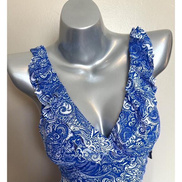 LRL Ralph Lauren One Piece Swimsuit Sz 4 Blue White Underwire Ruffle Womens NEW - Picture 3 of 8